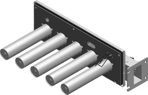 BOSCH Brennrost mit mehreren Metallröhren, montiert auf einer Rückwand mit Öffnungen. Die Konstruktion ermöglicht eine gewisse Stabilität und Anpassbarkeit.